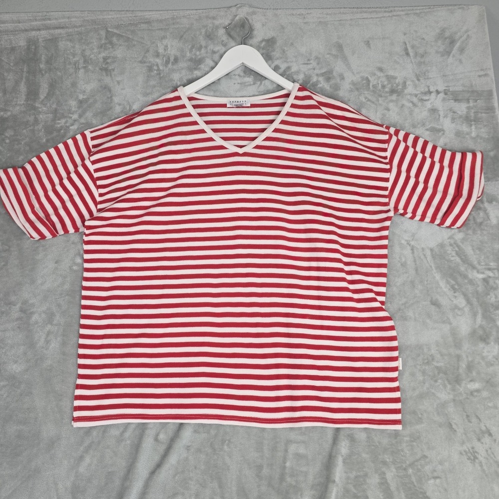 Express Tricot VTG Oversized Boxy Shirt Large Red White Striped 90s Coastal